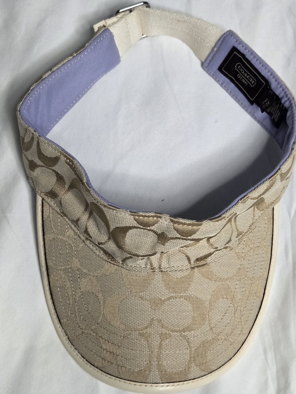 Coach Women's Signature Canvas Visor in Beige with Lilac Trim